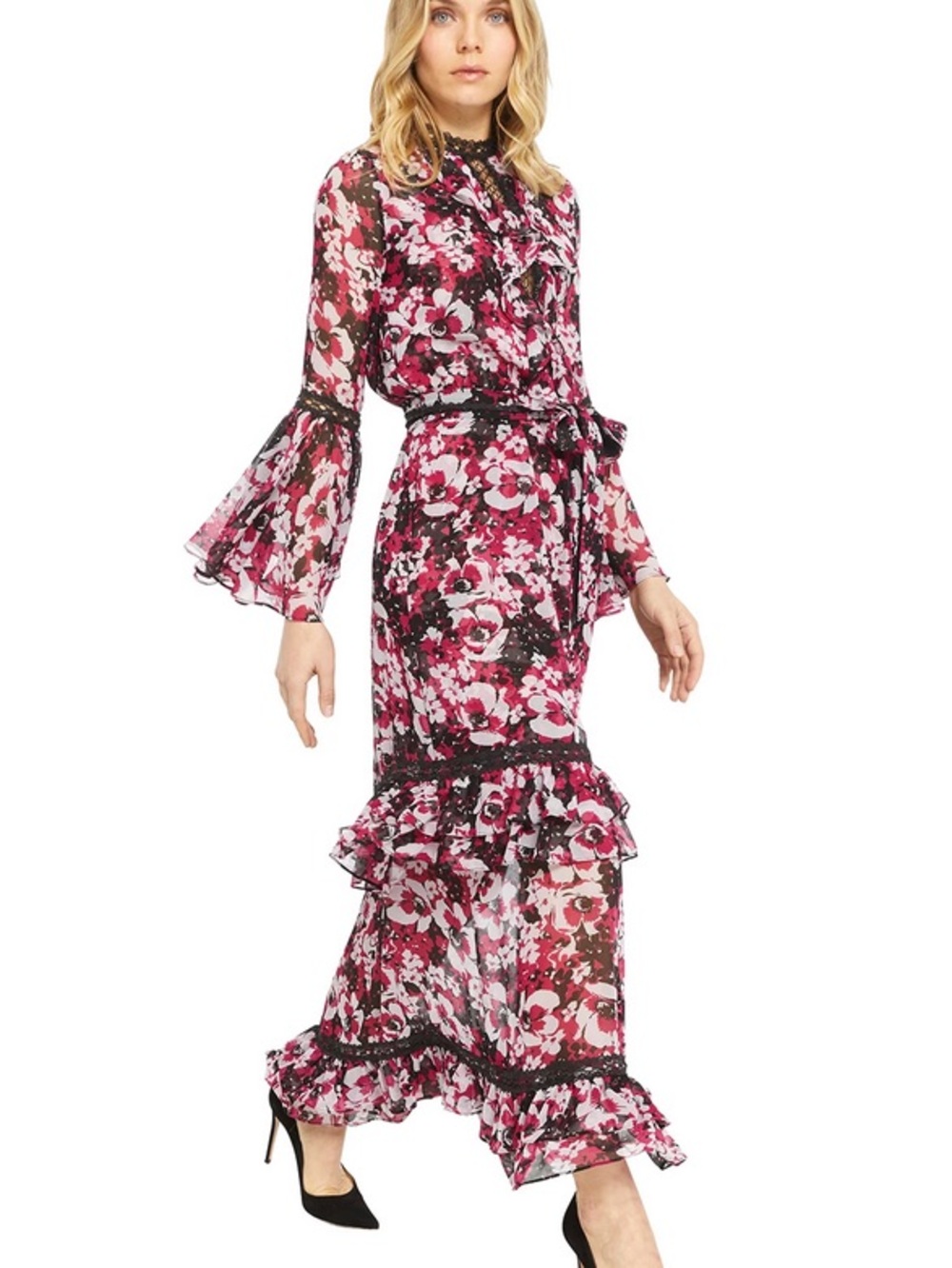 Misa Floral Ruffle Tiered Maxi Dress in Pink